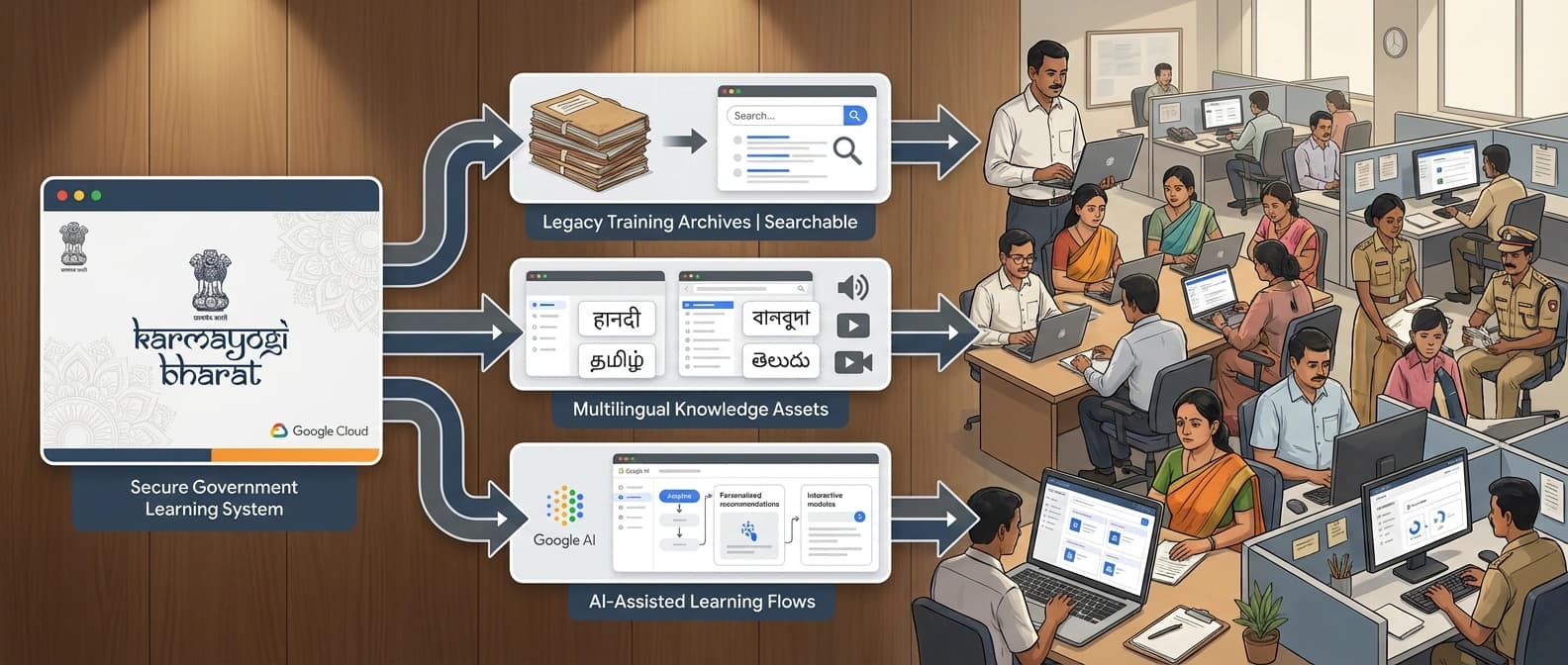 Editorial illustration of the iGOT Karmayogi platform feeding searchable training materials and multilingual learning tools to public servants across India.