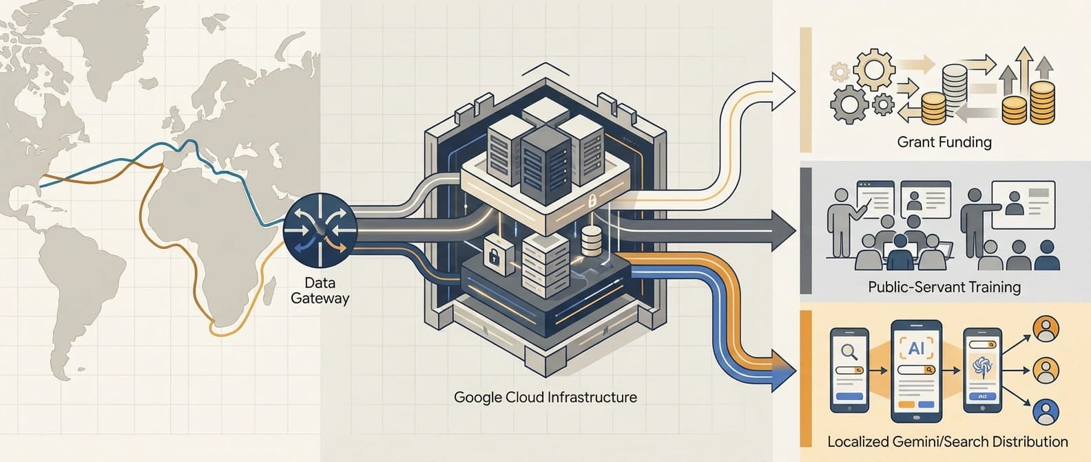 Editorial illustration of Google’s India rollout stack, with connectivity routes, public-service training, grants, and localized Gemini surfaces arranged as one coordinated national system.