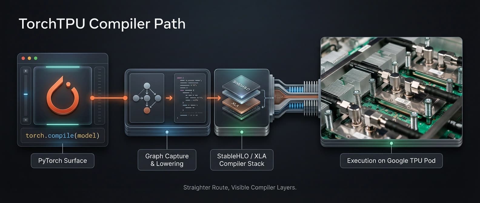 Editorial architecture diagram tracing TorchTPU from torch.compile through Torch Dynamo into StableHLO and XLA before execution on a Google TPU pod.