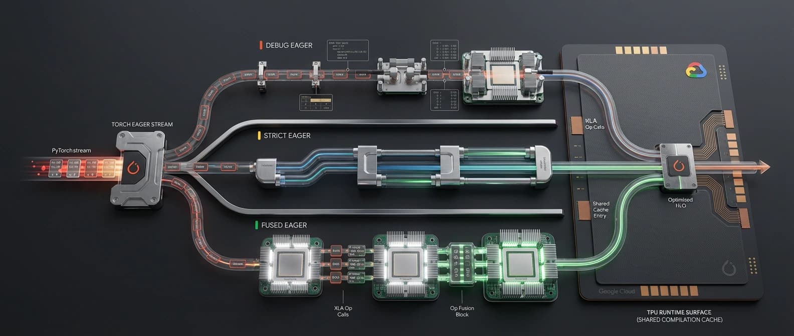Editorial diagram showing TorchTPU's three eager modes, Debug Eager, Strict Eager, and Fused Eager, feeding from standard PyTorch tensors into a TPU execution path with a shared compilation cache.