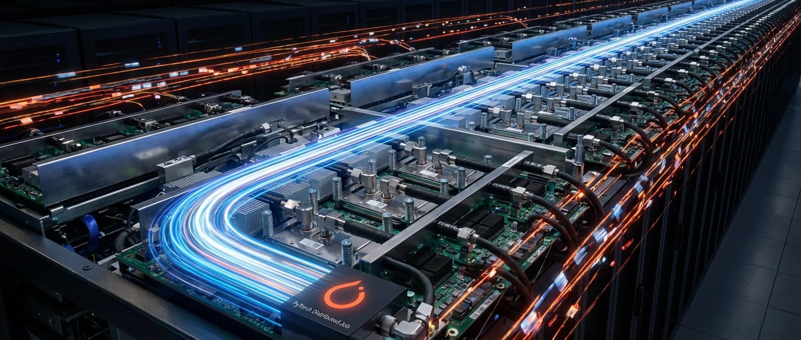 Editorial diagram of a PyTorch distributed job spanning a Google TPU pod, with rank divergence on one side and synchronized collective paths across a torus interconnect on the other.