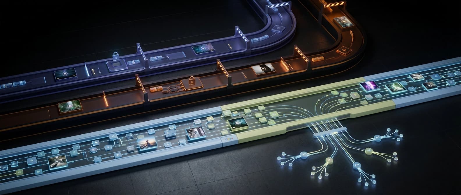 Editorial illustration of one broad low-cost AI video lane branching into many outputs beneath two narrower premium lanes in a dark Google-style developer workflow.