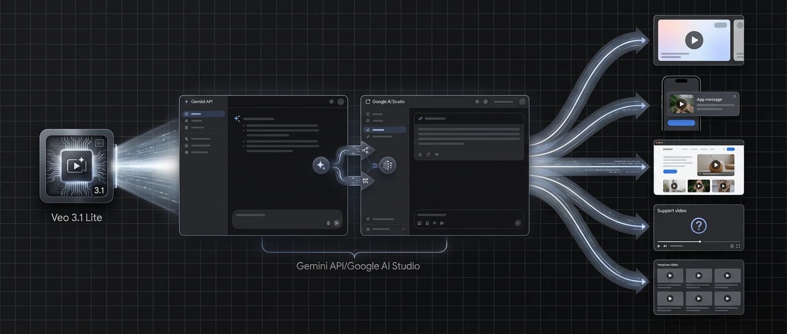 Diagram-style illustration of Veo 3.1 Lite feeding into Gemini API and Google AI Studio, then branching into app, web, ad, and support-video outputs.