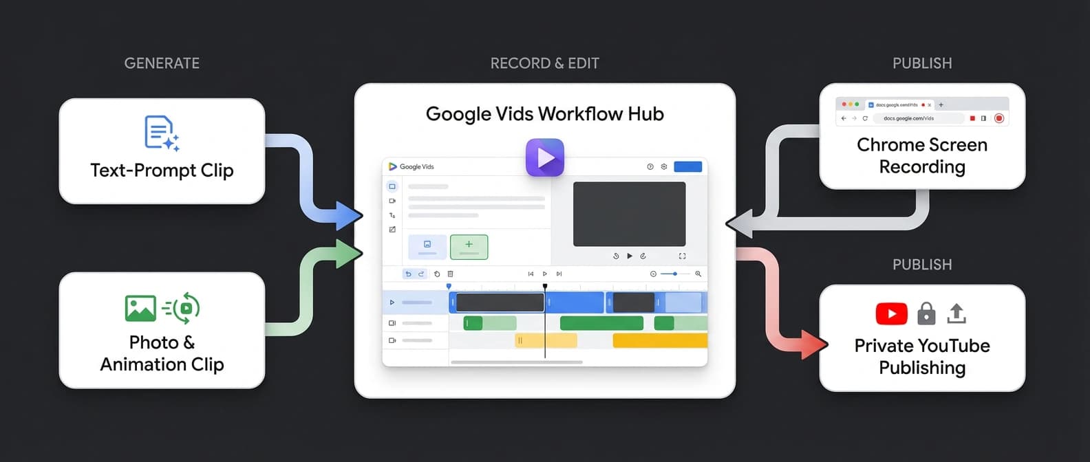 Editorial explainer figure showing Google Vids as the hub between prompt or photo inputs, Chrome screen recording, timeline editing, and YouTube publishing.
