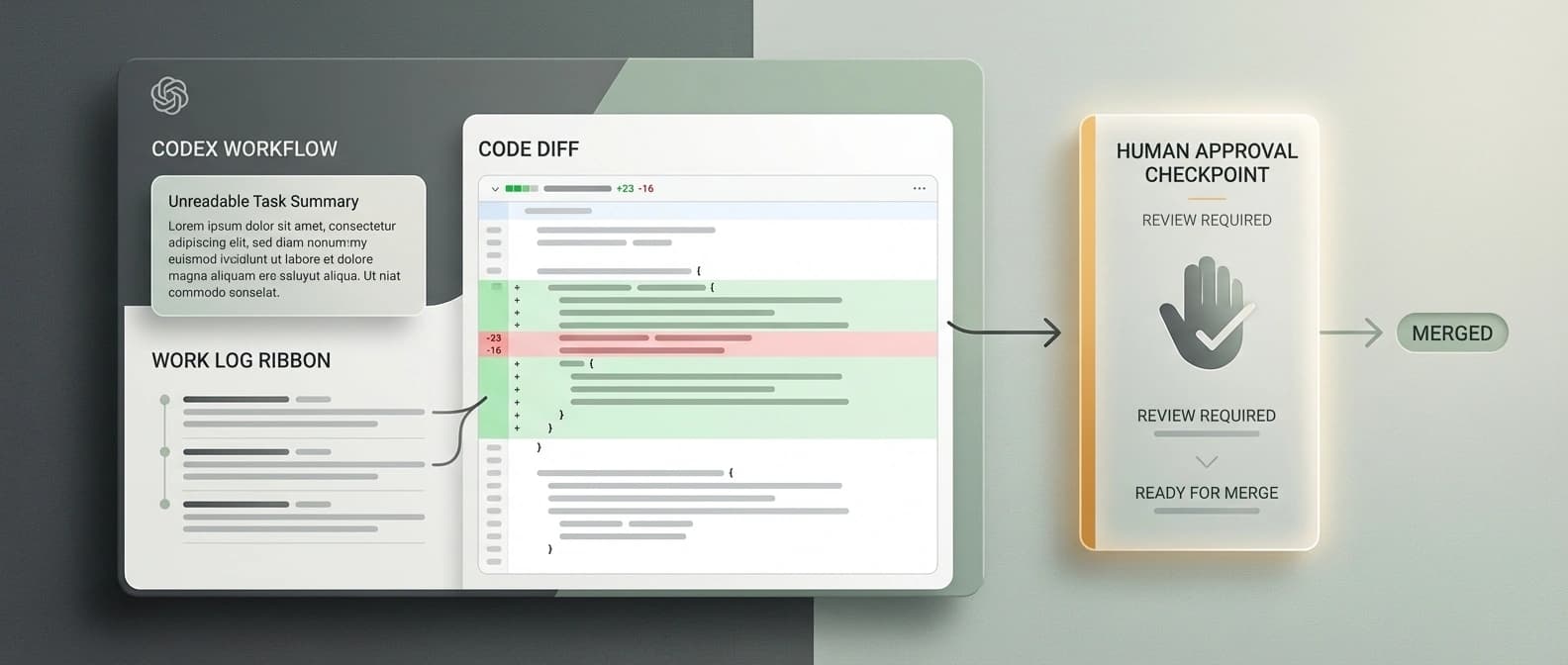 Diagram showing Codex finishing a task and returning a summary, work log, and reviewable diff into a human approval loop before merge.
