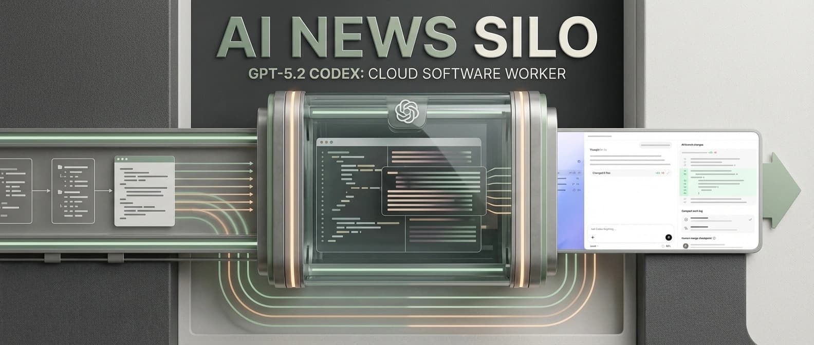 Editorial illustration of Codex as a cloud workbench, with one remote coding task inside a fresh container-backed environment surrounded by diff review, network controls, and repo guardrails.