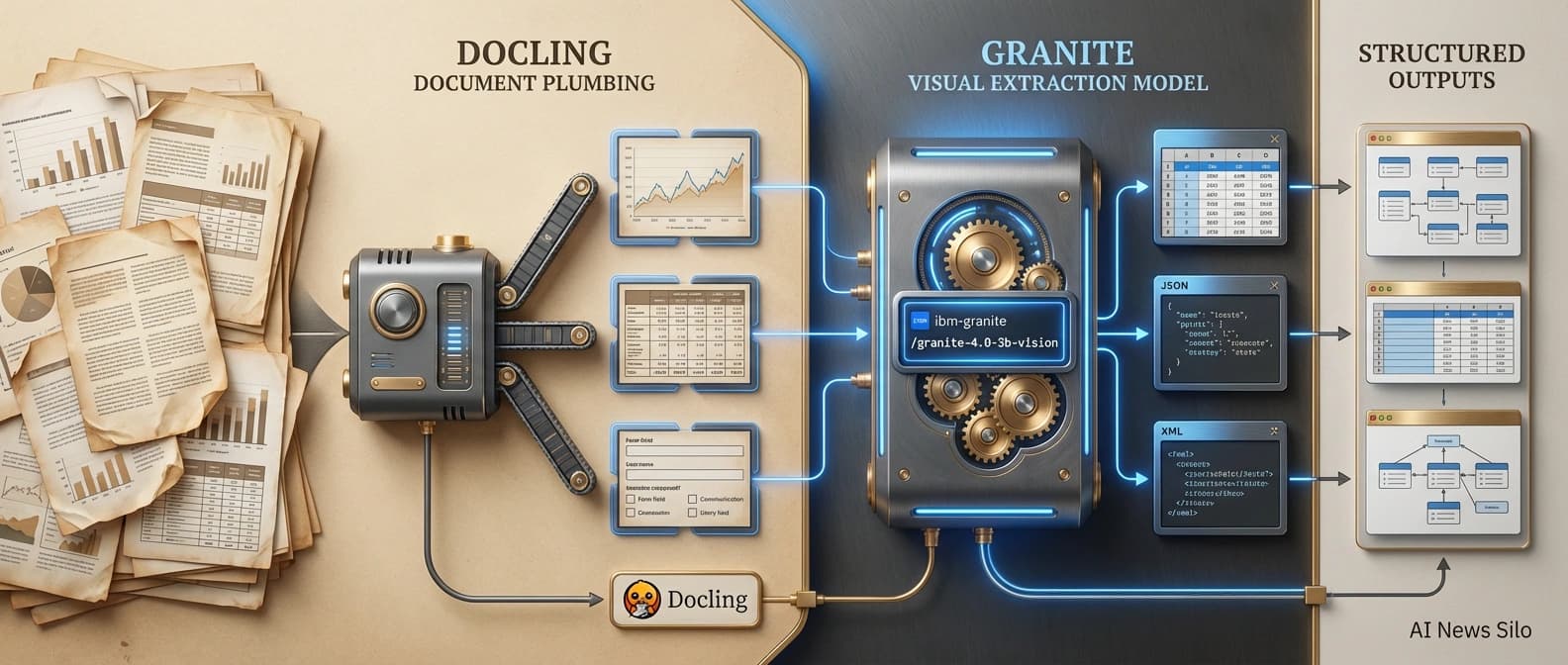 Editorial figure showing a document parser isolating charts, tables, and form fields before handing cropped regions to a compact extraction model.