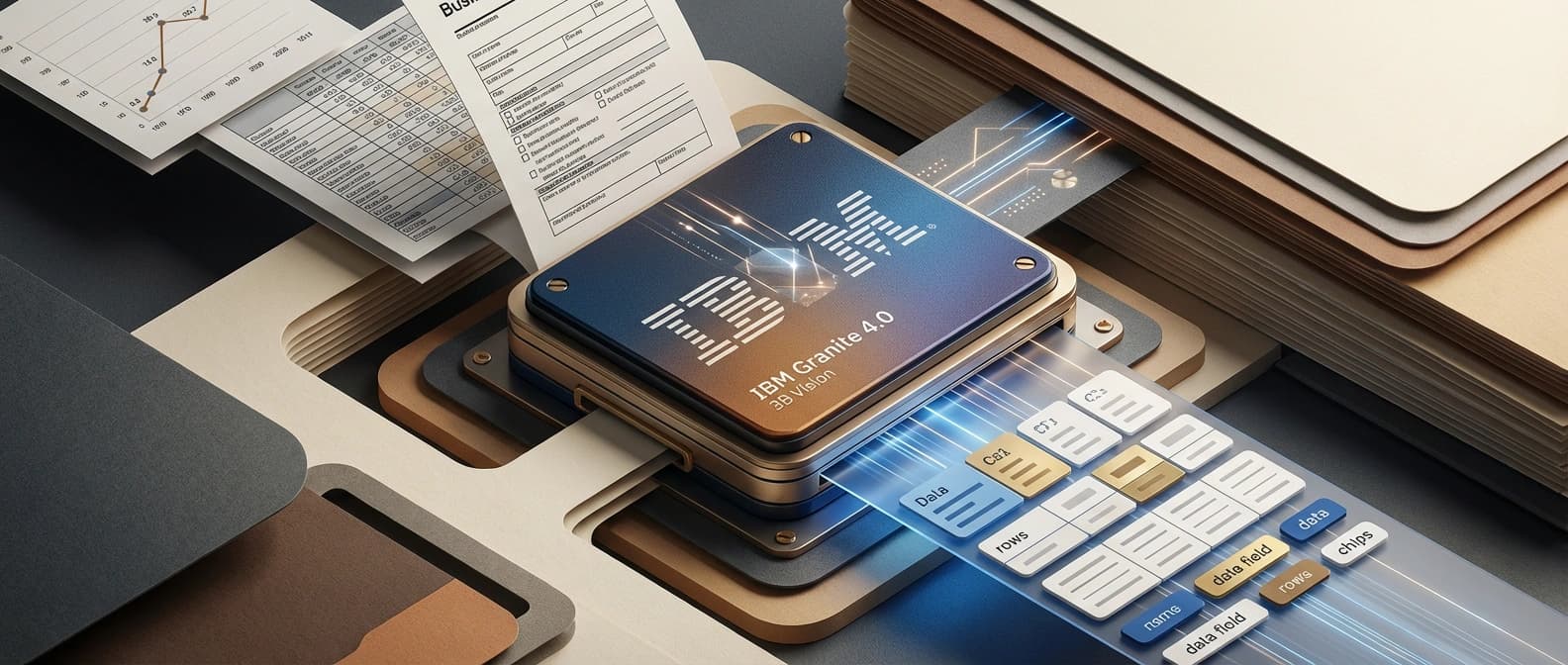 Editorial illustration of a compact document-AI pipeline turning charts, tables, and forms into structured outputs, with a small open model embedded inside a larger enterprise workflow.