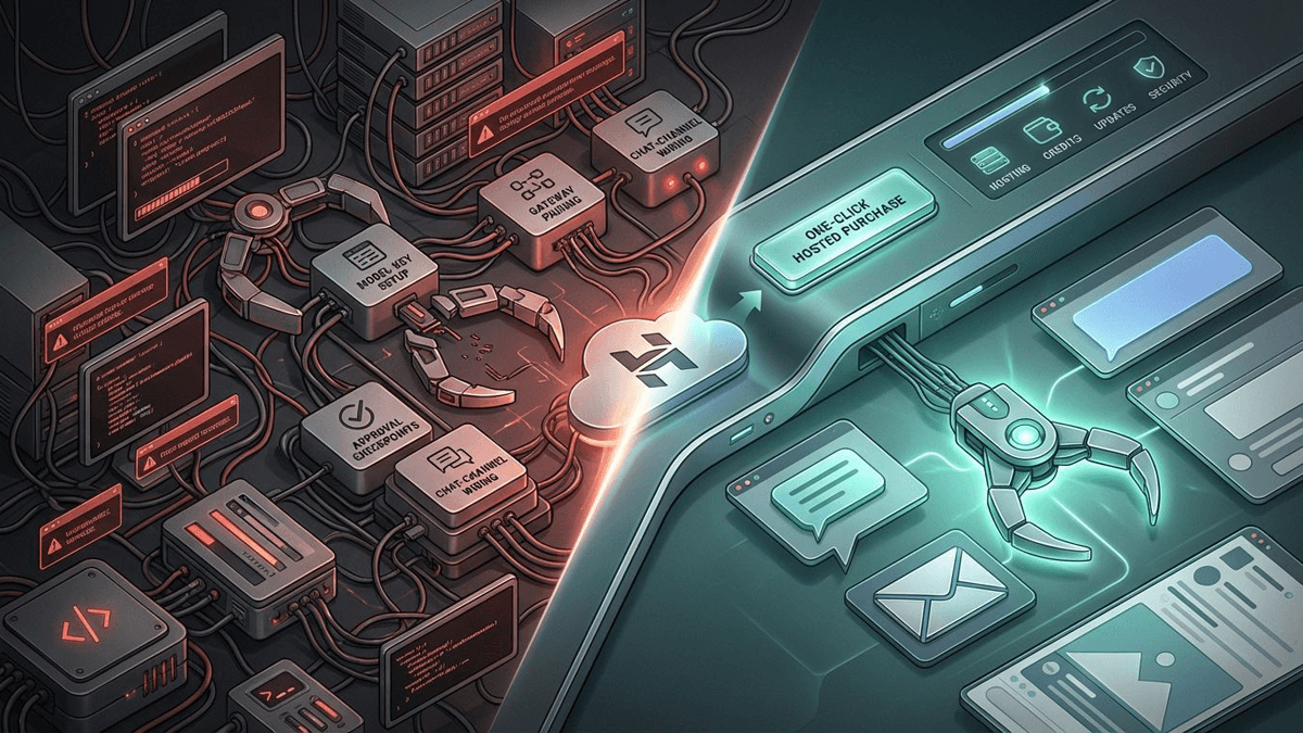 An editorial illustration showing OpenClaw's self-hosted terminal setup collapsing into a polished one-click hosting surface with live chat channels and a clear managed product lane.