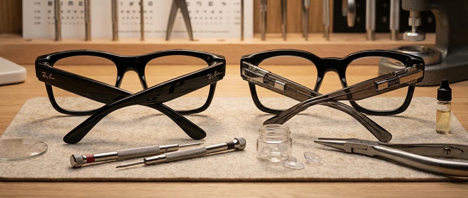 Editorial figure showing Meta's prescription-ready Ray-Ban Blayzer and Scriber frames with fit-adjustment points such as overextension hinges, interchangeable nose pads, and optician-adjustable temple tips.