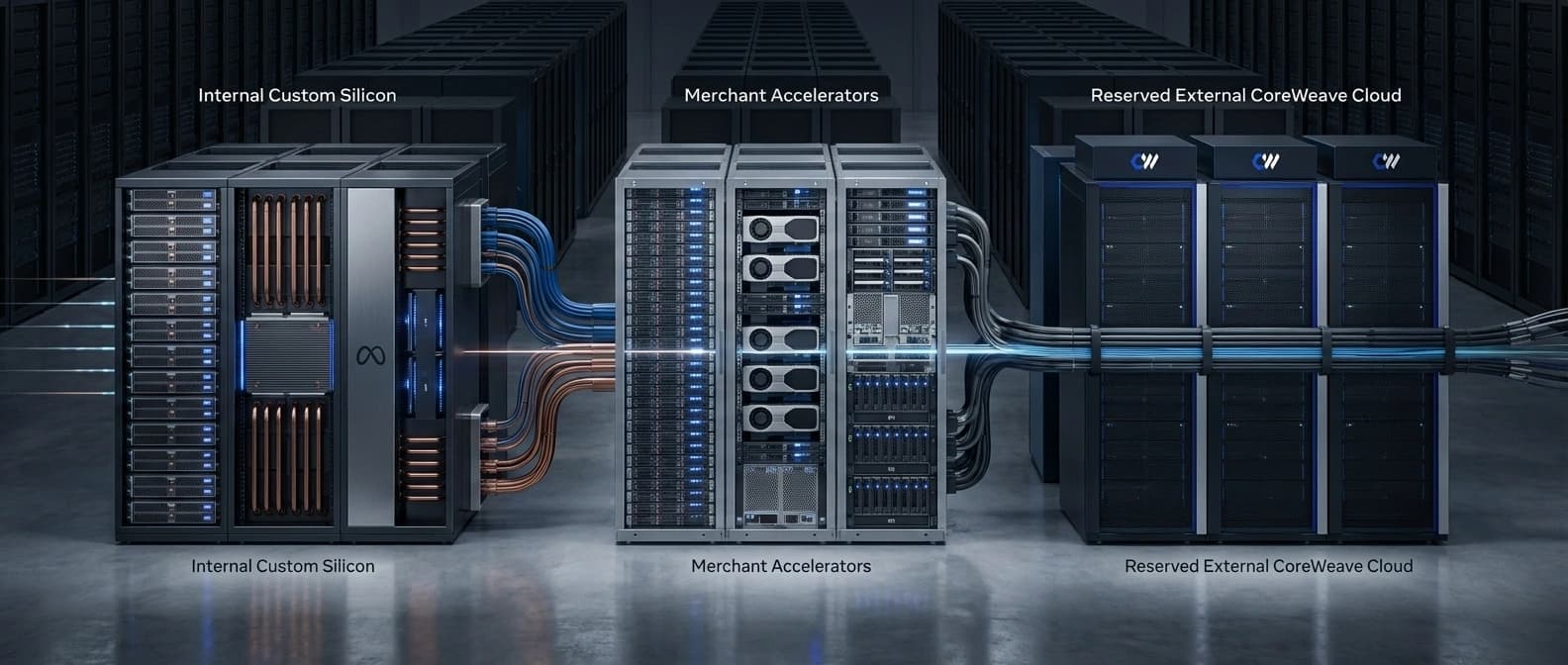 Editorial figure showing Meta's mixed AI infrastructure stack, with custom silicon, merchant accelerators, and reserved external CoreWeave cloud capacity working in parallel.