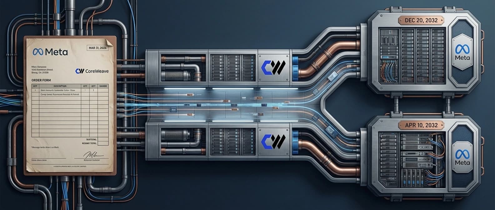 Editorial explainer figure showing the March 31, 2026 Meta-CoreWeave order form and the two reserved-capacity end dates stretching into 2032.