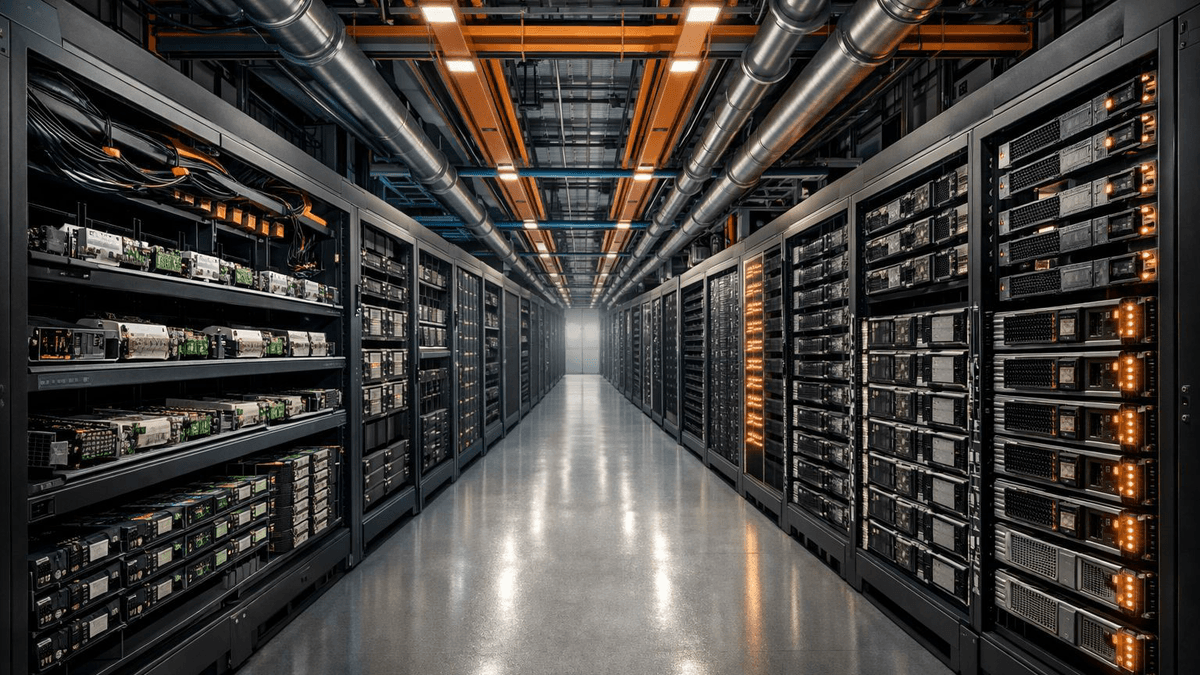 Editorial illustration of a hyperscale data-center aisle with custom inference accelerator racks facing merchant GPU racks, signaling Meta’s mixed-silicon strategy and greater control over inference costs.