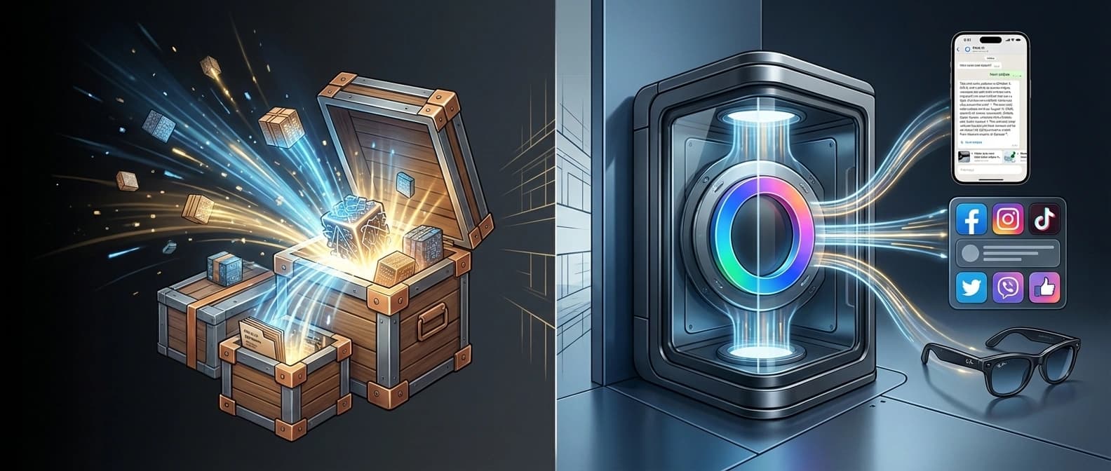 An editorial comparison showing open-weight model crates spreading outward on one side and a proprietary Meta AI core feeding Meta-owned apps and smart glasses on the other.