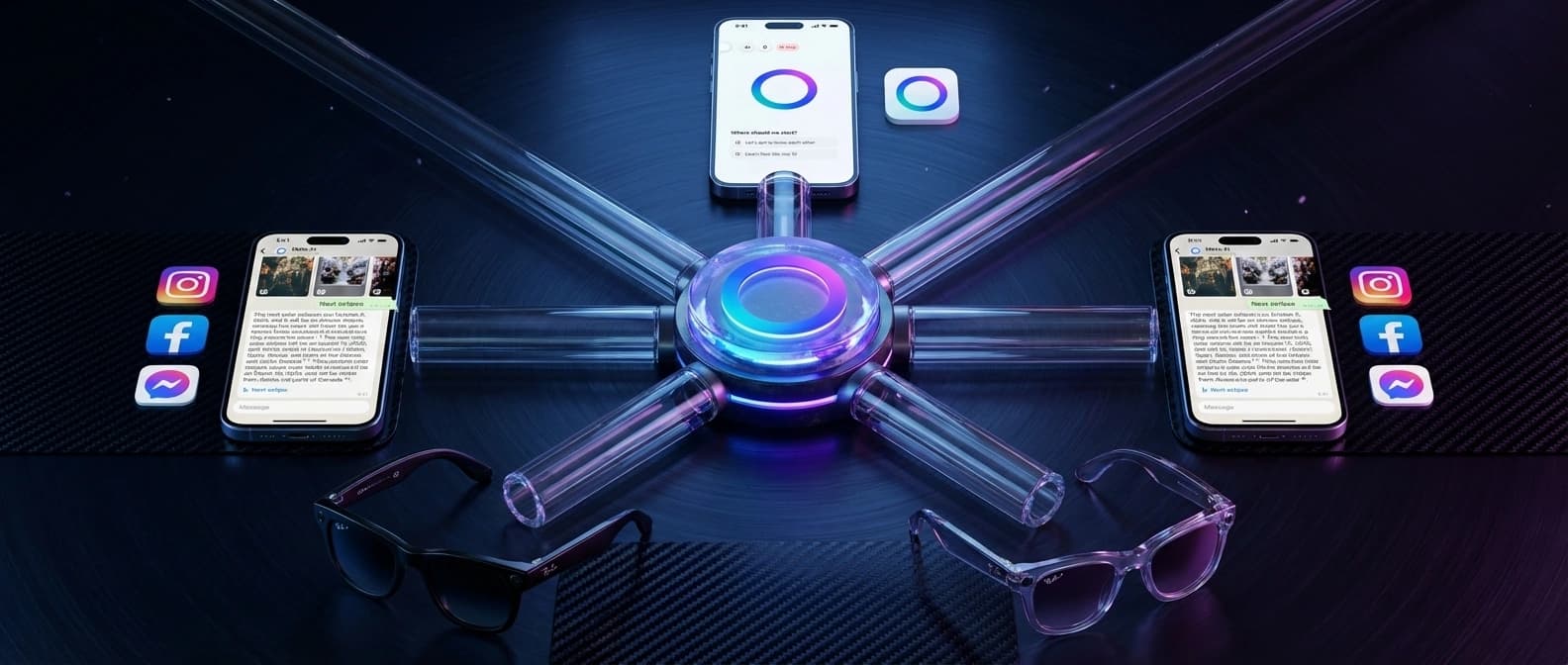 Editorial illustration of Muse Spark as one proprietary AI core routed into Meta AI, WhatsApp, Instagram, Facebook, Messenger, and AI glasses.