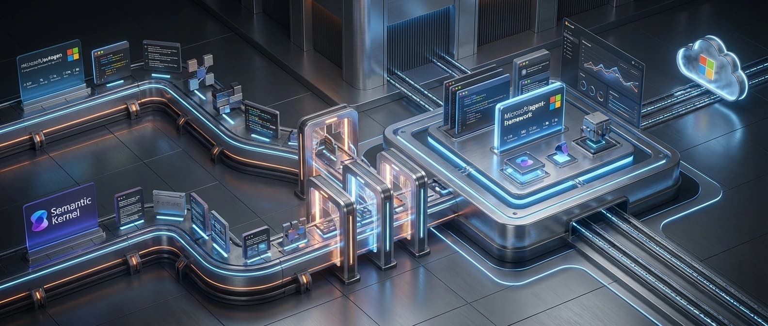 Editorial illustration of older AutoGen and Semantic Kernel workflow pieces moving through transition gates into one standardized Microsoft Agent Framework runtime and workflow layer.