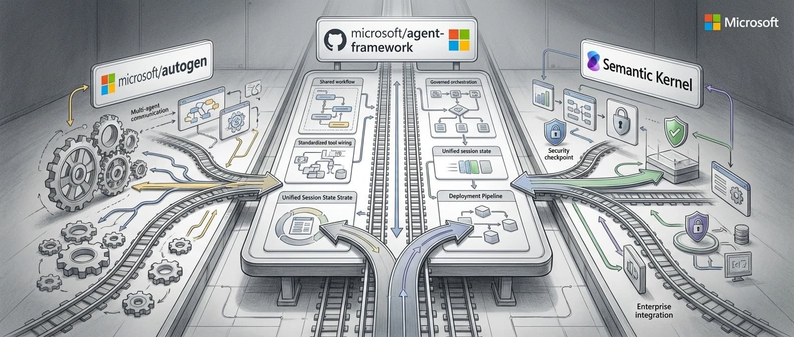Editorial illustration of two older Microsoft agent-development paths converging into one shared framework workflow and control surface.
