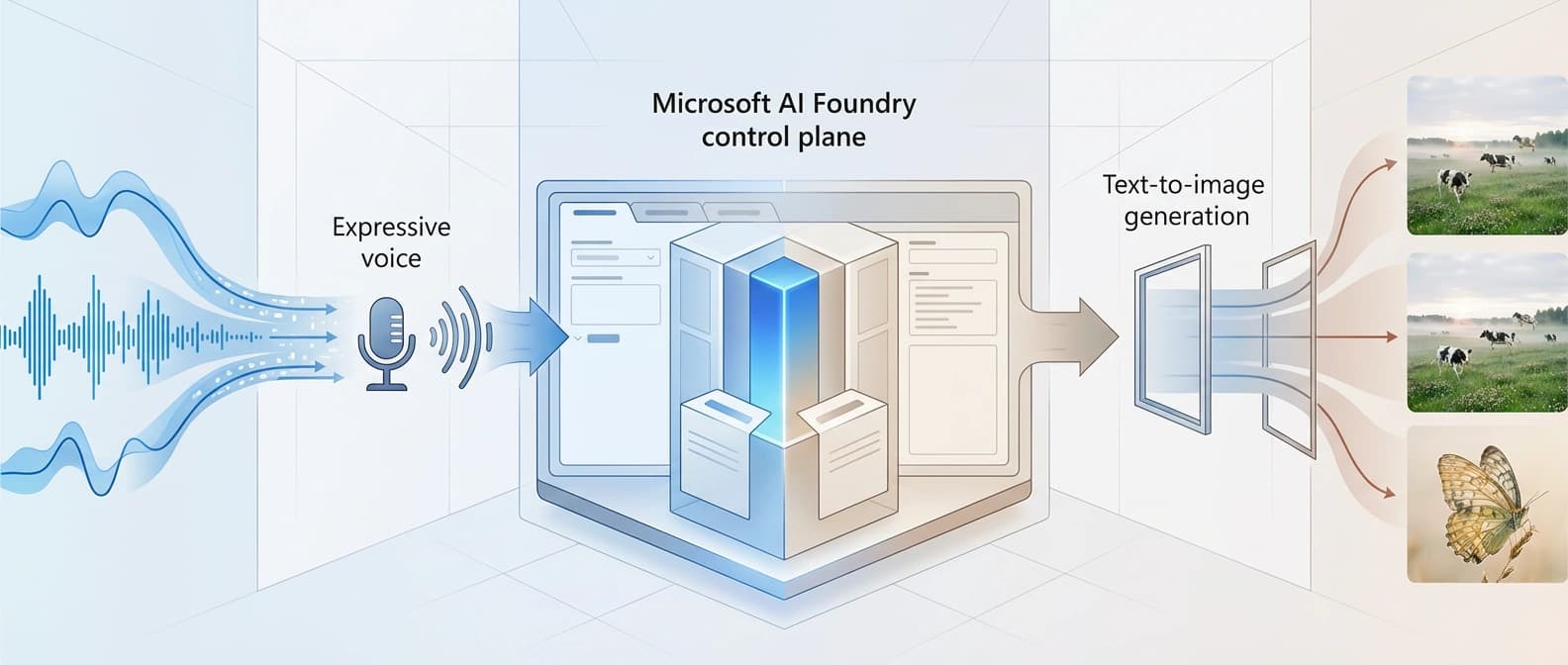 Editorial illustration of transcription, voice, and image lanes converging into one Microsoft Foundry control surface.