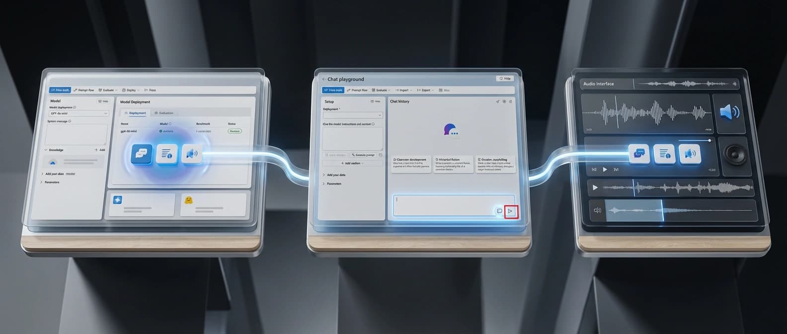 Editorial illustration of Foundry, Azure Speech, and Microsoft AI Playground as connected surfaces for the same MAI model family.
