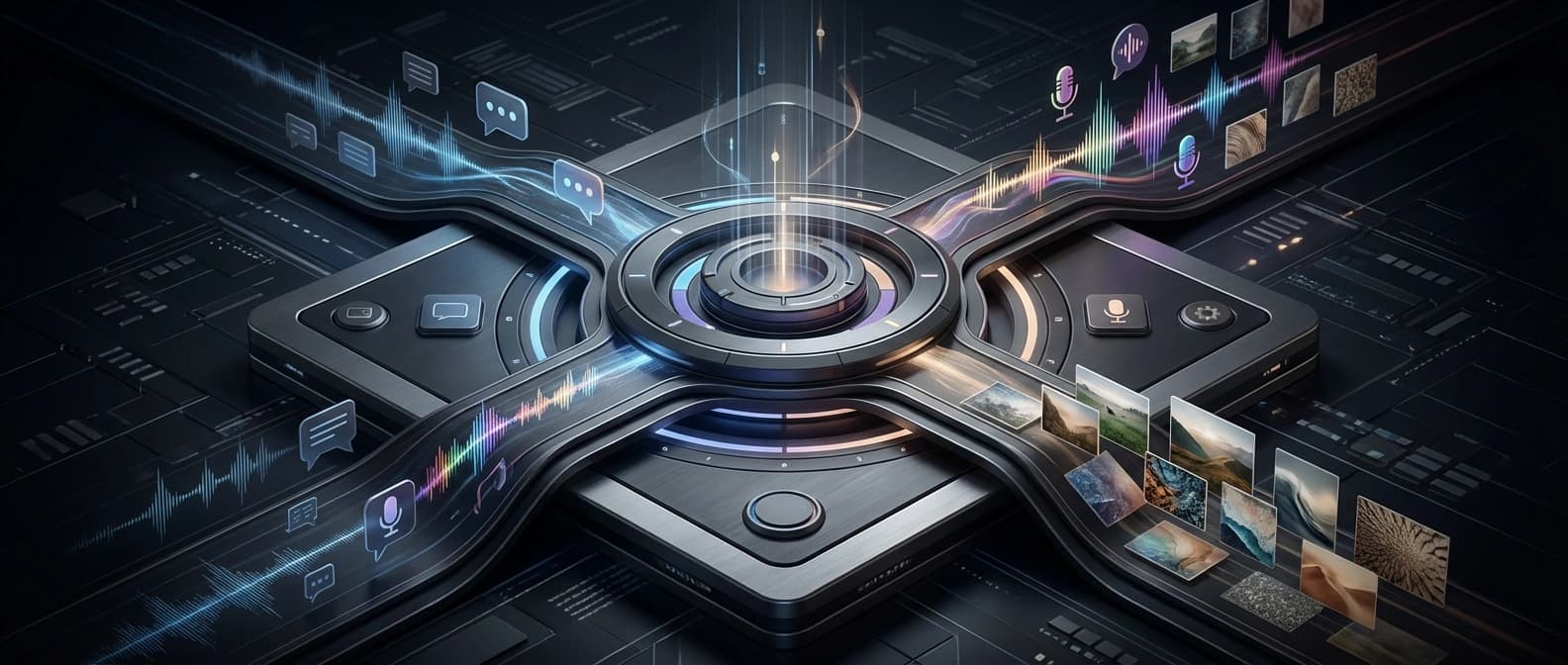 Editorial illustration of Microsoft Foundry becoming a first-party multimodal control surface, with transcription, voice, and image lanes flowing into one Microsoft-owned stack.