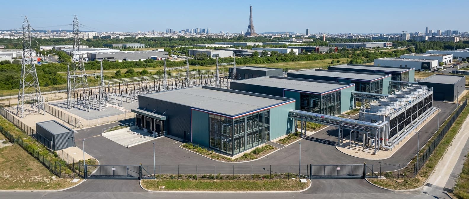 Wide editorial illustration of a near-Paris AI compute campus with low industrial buildings, a substation, cooling plant hardware, fenced perimeter, and visible GPU halls.
