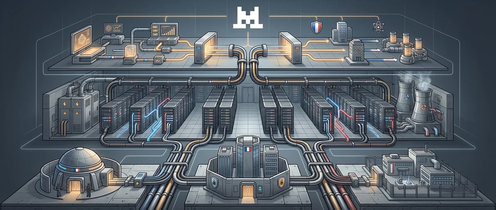Layered editorial diagram showing Mistral’s stack from model development and enterprise customization down to European-hosted compute and secure inference delivery.
