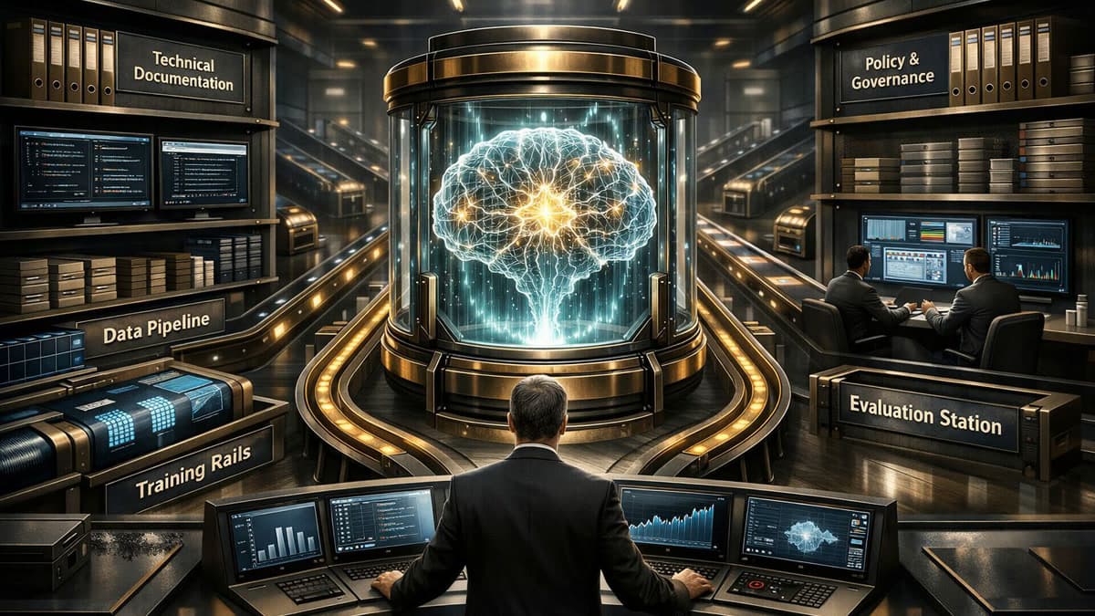 Editorial illustration of an enterprise AI control room where proprietary data, training loops, eval checkpoints, and deployment lanes converge into a model the company controls.