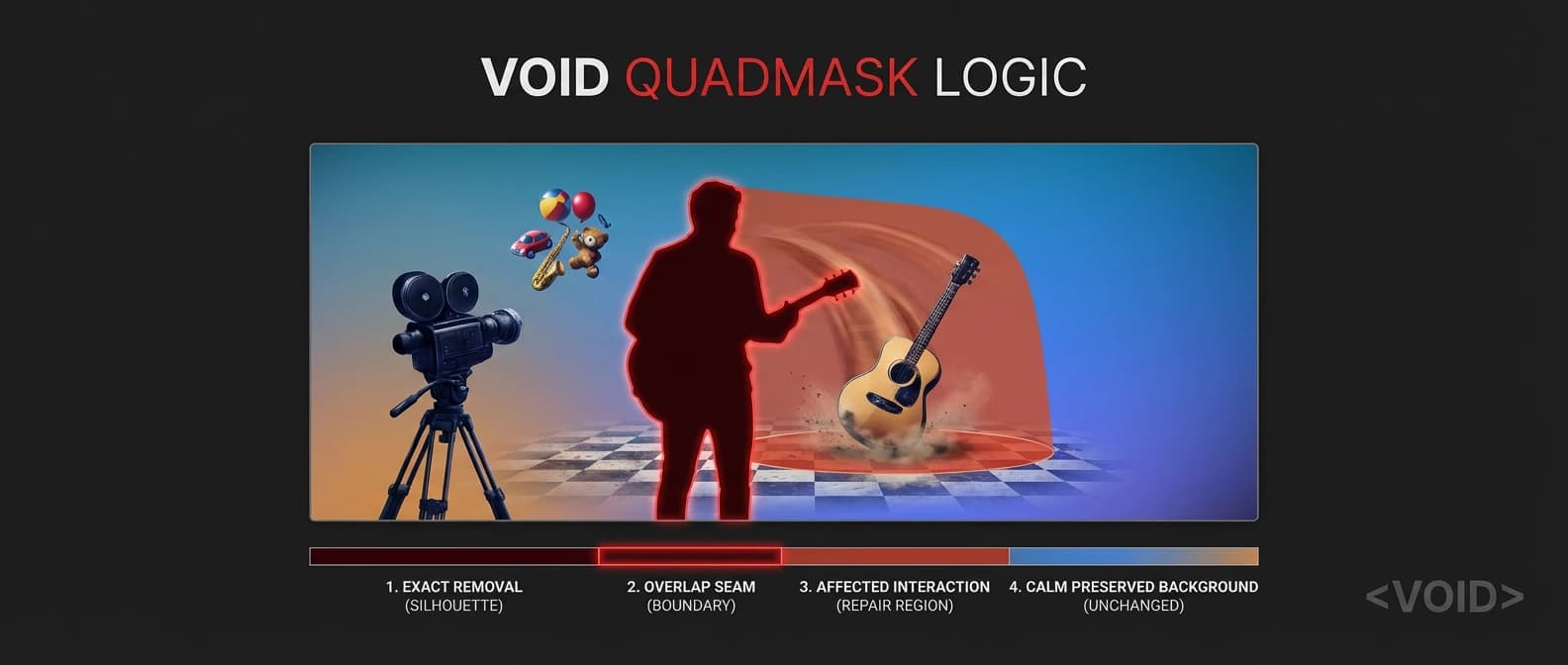 Editorial explainer figure showing VOID's quadmask logic across four regions: object to remove, overlap area, affected interaction region, and preserved background.