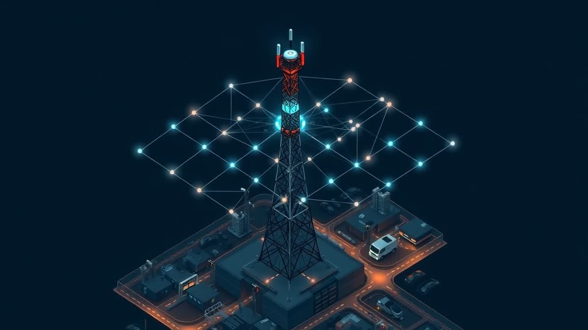 Editorial illustration of a telecom tower radiating distributed inference lanes across nearby edge sites, roads, devices, and city infrastructure.