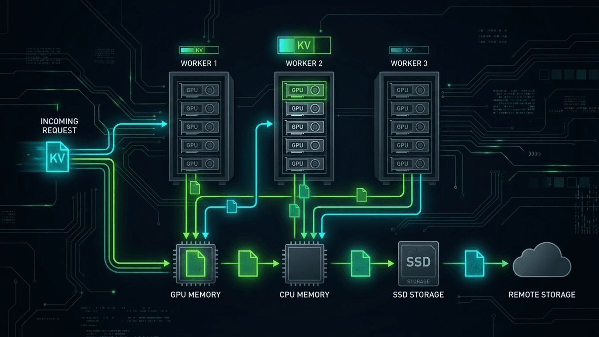 Editorial figure showing a request being routed to the worker with the best KV cache overlap, then spilling older cache blocks from GPU memory to cheaper storage tiers.