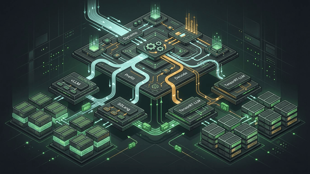 Editorial illustration of a distributed inference control layer sitting above multiple model-serving engines, routing requests and KV cache between GPU pools.