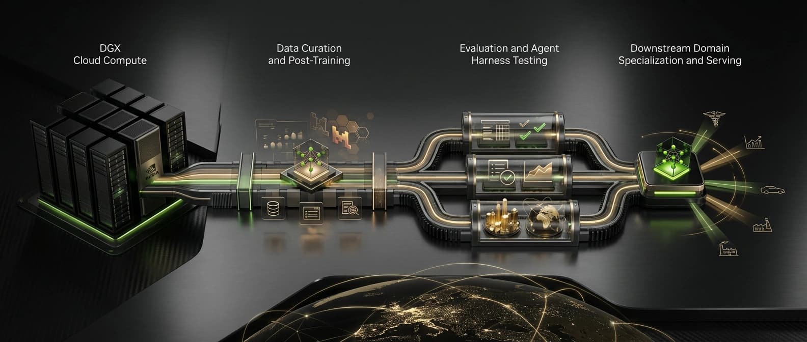 Editorial illustration of the Nemotron Coalition workflow moving from DGX Cloud training into post-training, evaluation, agent harness testing, and downstream deployment.