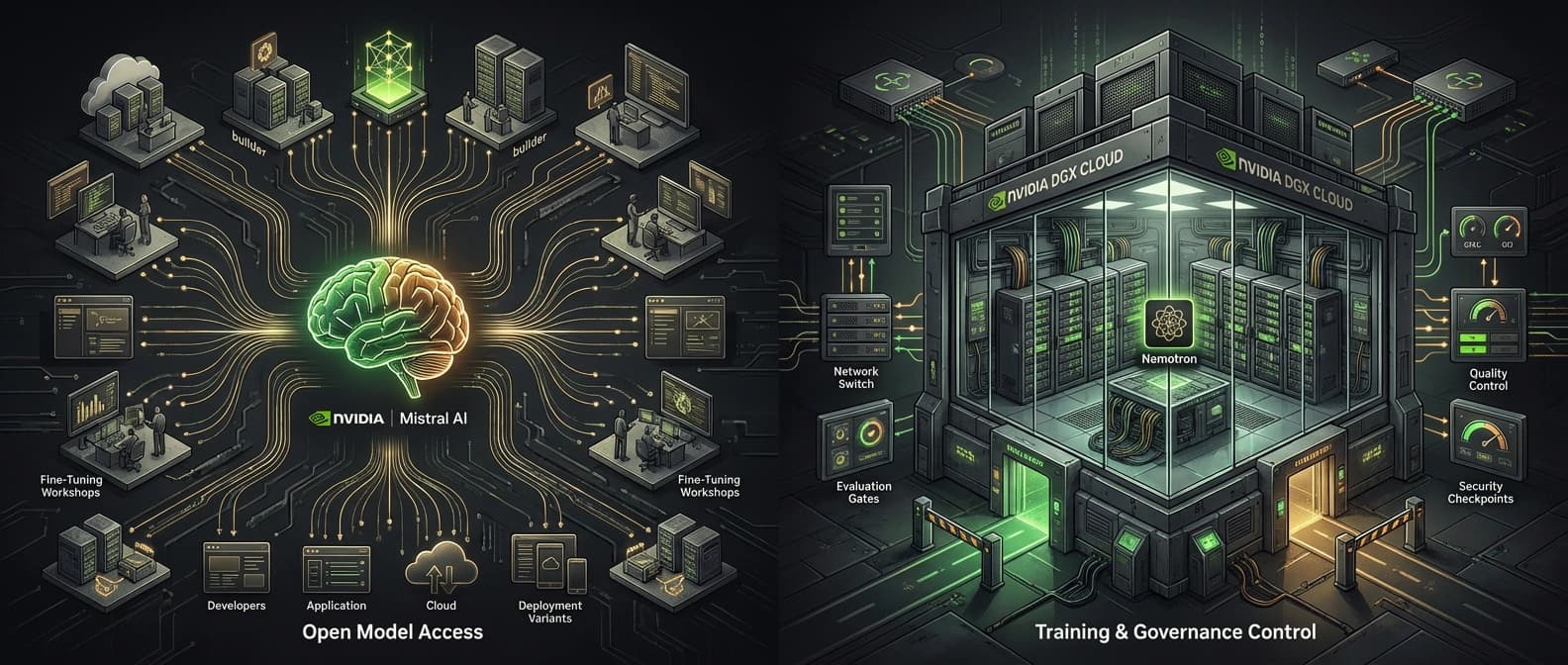 Editorial illustration contrasting open model access and downstream specialization on one side with concentrated training, governance, and infrastructure control around NVIDIA DGX Cloud on the other.