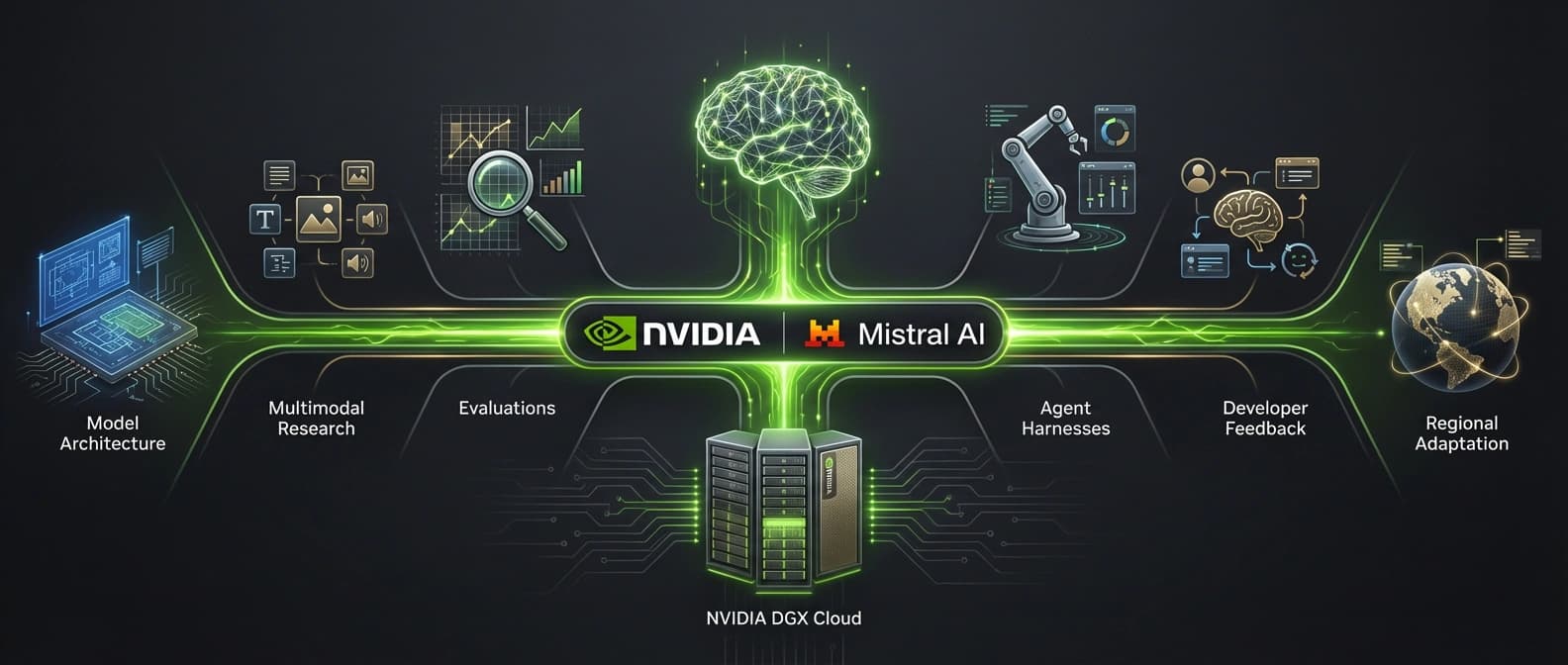 Editorial illustration mapping the Nemotron Coalition around NVIDIA and DGX Cloud, with partner lanes feeding model architecture, multimodal work, evaluations, agent tooling, and downstream adaptation into one shared base model.