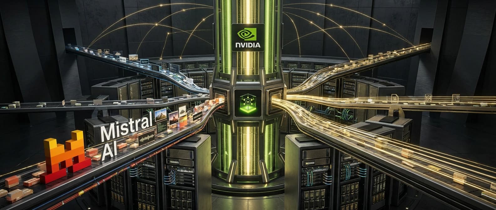 Editorial illustration of NVIDIA turning a ring of open-model labs into one shared training ground, with DGX Cloud at the center and partner labs feeding data, evaluation, and agent tooling into a common model pipeline.