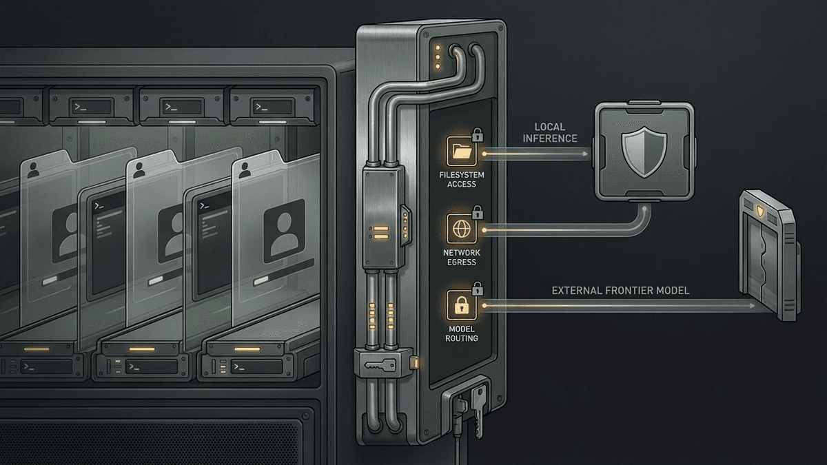 Editorial illustration of isolated agent workspaces running inside tab-like sandboxes while an external runtime policy layer governs file access, network routes, and model routing.