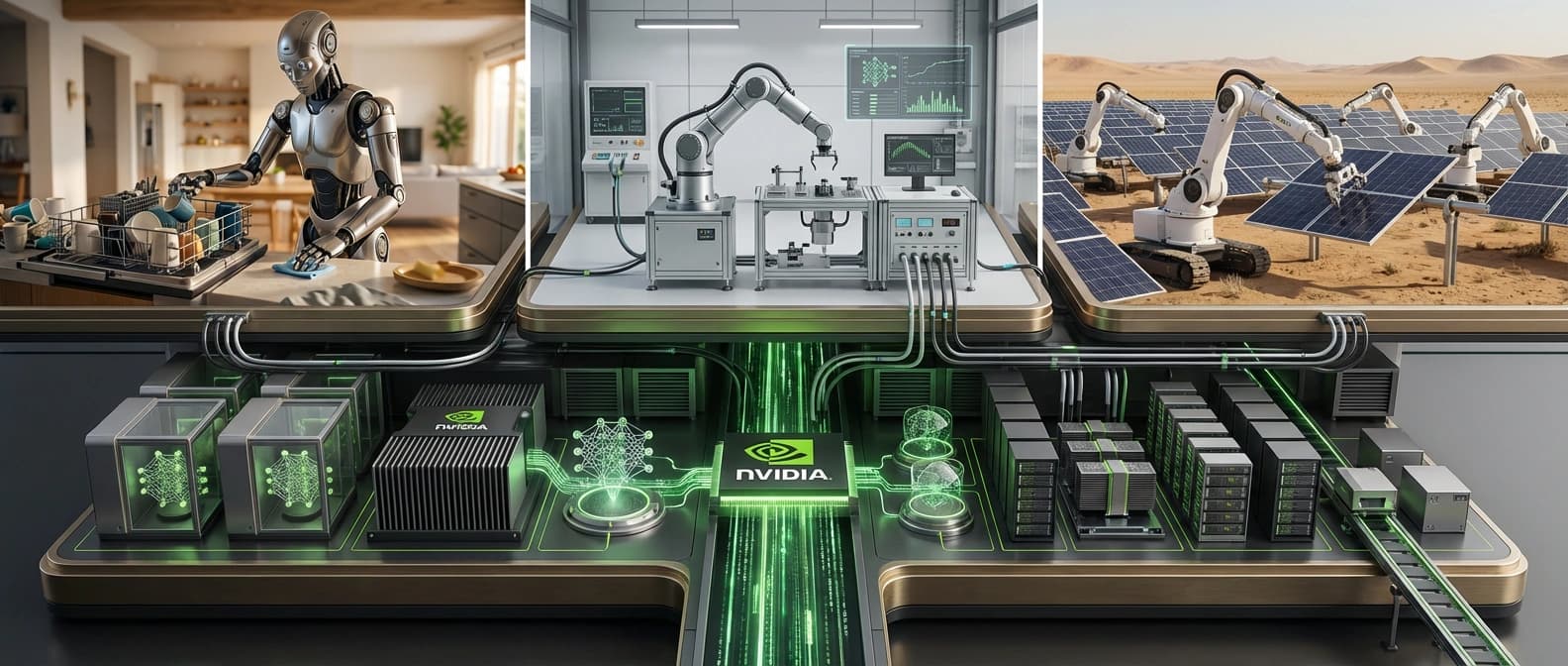 Editorial infrastructure figure depicting NVIDIA as the shared platform layer under household robots, solar-installation robots, and industrial startup systems.