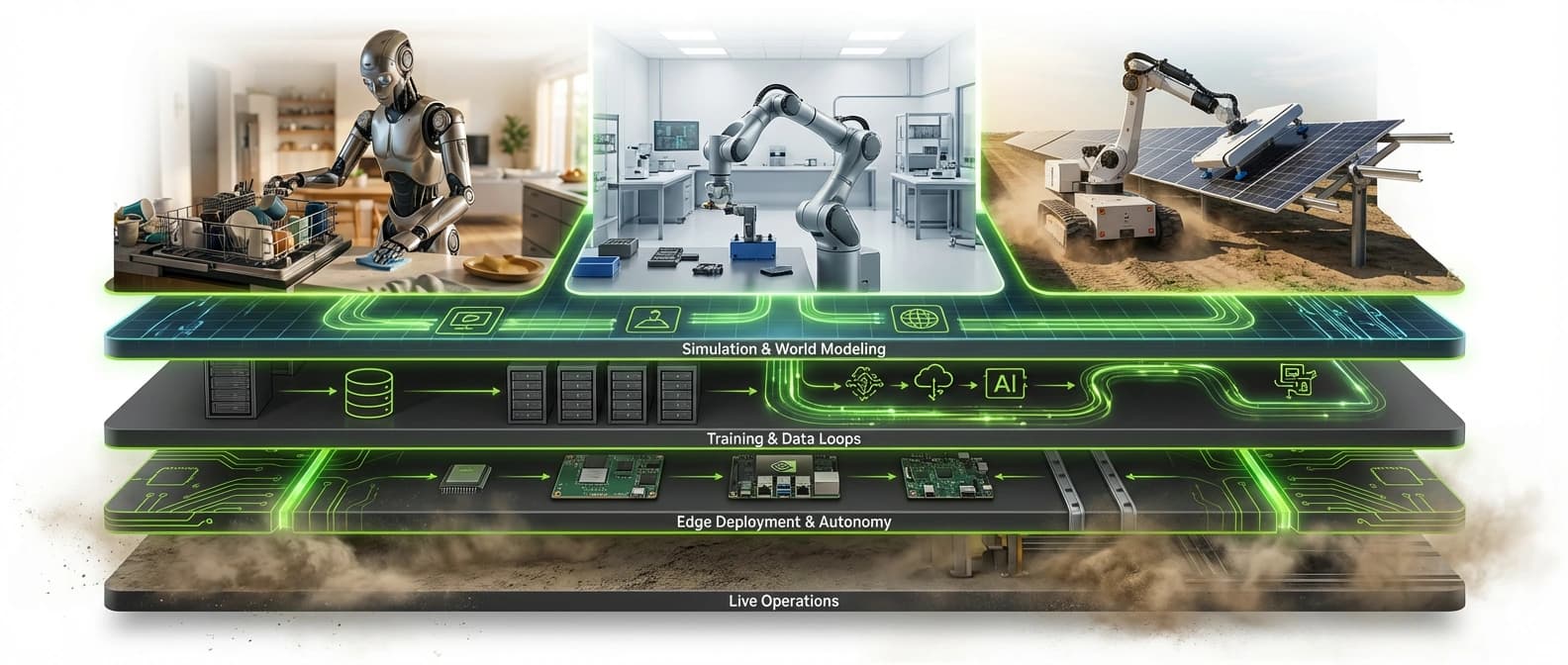 Diagram-style editorial figure showing physical AI moving from simulation and synthetic data to training, edge deployment, and real-world robot operations.