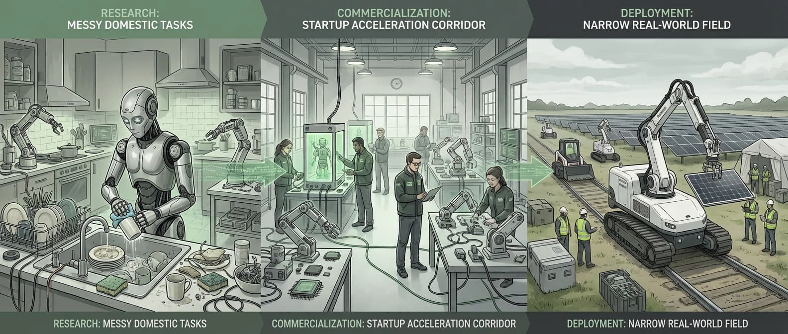 Editorial explainer figure mapping the week's physical AI signals across research, commercialization, and field deployment, linking UMD household robotics, MassRobotics fellowship startups, and Maximo's solar work.