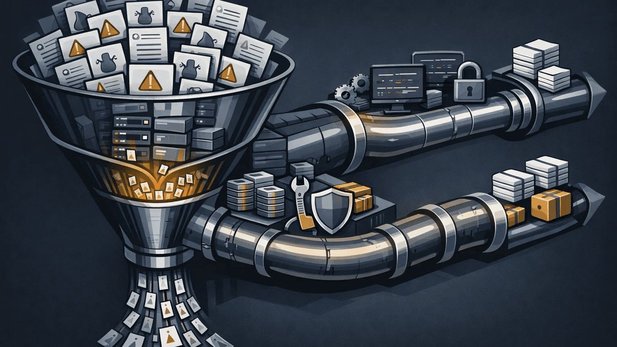 Editorial diagram showing AI-generated vulnerability findings entering a crowded maintainer queue before funding, tooling, and security support convert part of that queue into upstream fixes.