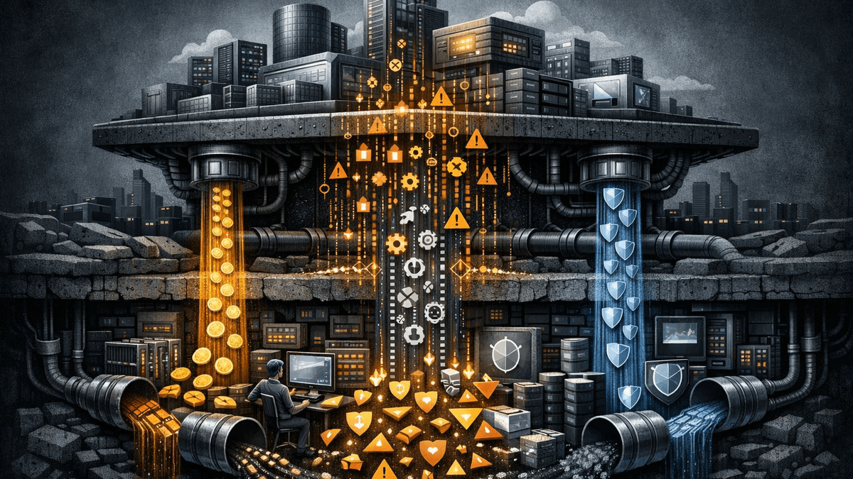 Editorial illustration of AI infrastructure resting on an open source maintainer layer as security findings pour downward and funding flows back up.