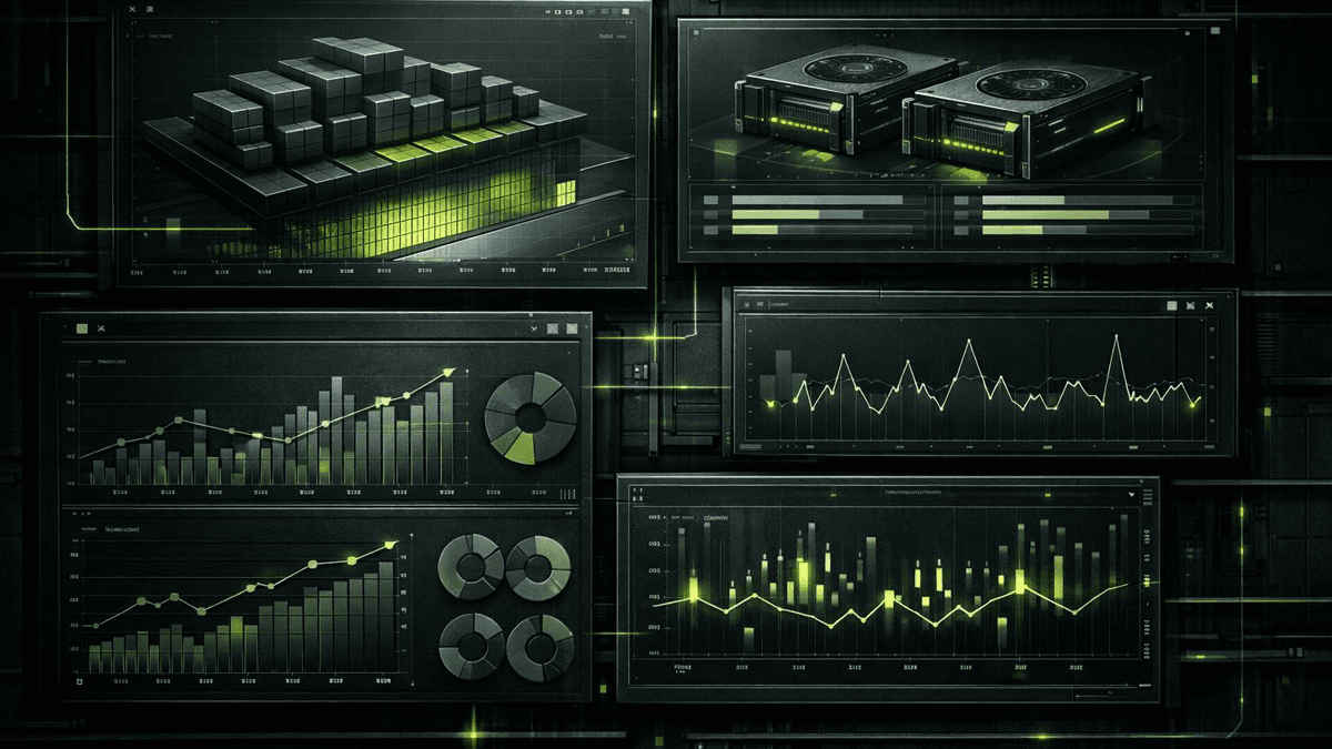 Editorial illustration of a serving stack with model weights, GPU capacity, utilization lines, and cost panels arranged across a dark infrastructure grid.