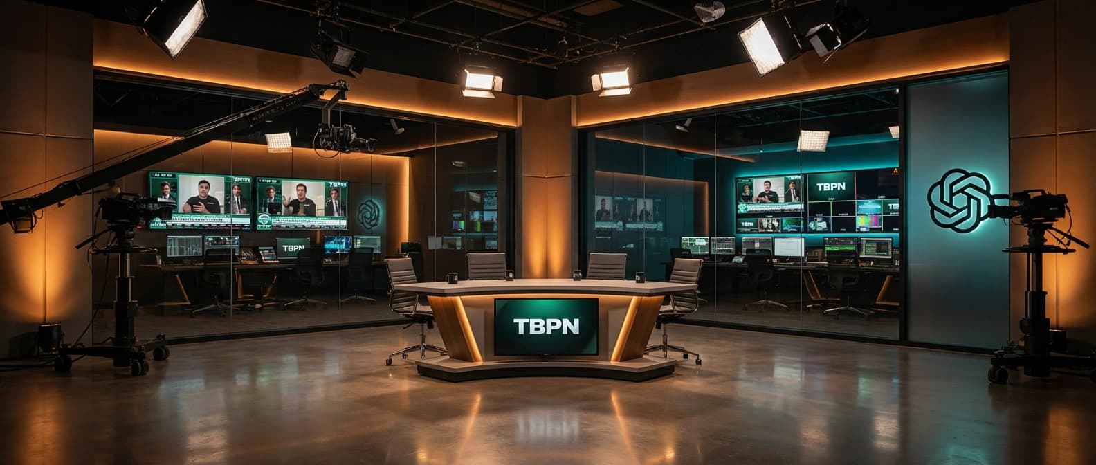Editorial figure showing TBPN as a live studio room where founders, product reveals, and audience attention converge, with OpenAI ownership cues arriving through the control room rather than the host desk.