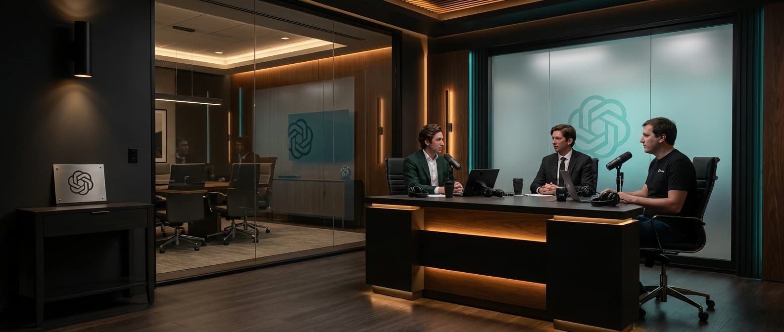 Editorial figure showing a live studio protected by a thin contractual barrier while corporate ownership pressure sits just outside the glass, illustrating the tension between editorial independence and company orbit.