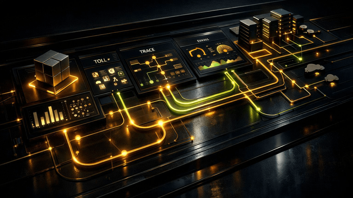 Editorial illustration of a hosted AI workflow console linking models, tools, traces, and deployment paths into a single control surface.