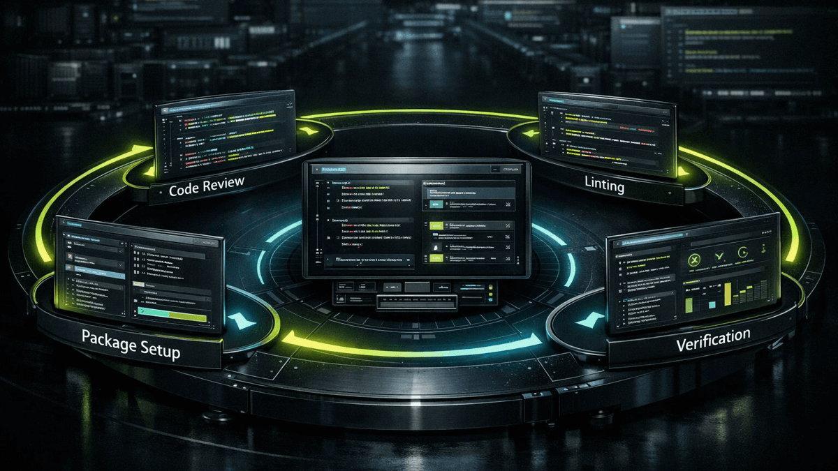 Editorial illustration of Codex as a control layer wrapping around package setup, code review, and verification steps in a Python delivery loop.