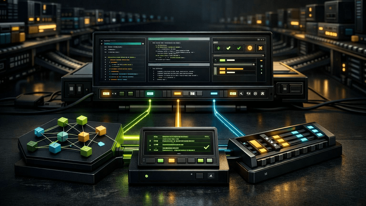 Editorial illustration of a Python developer workflow desk where packaging, linting, and type-check checkpoints converge into a single AI control surface.