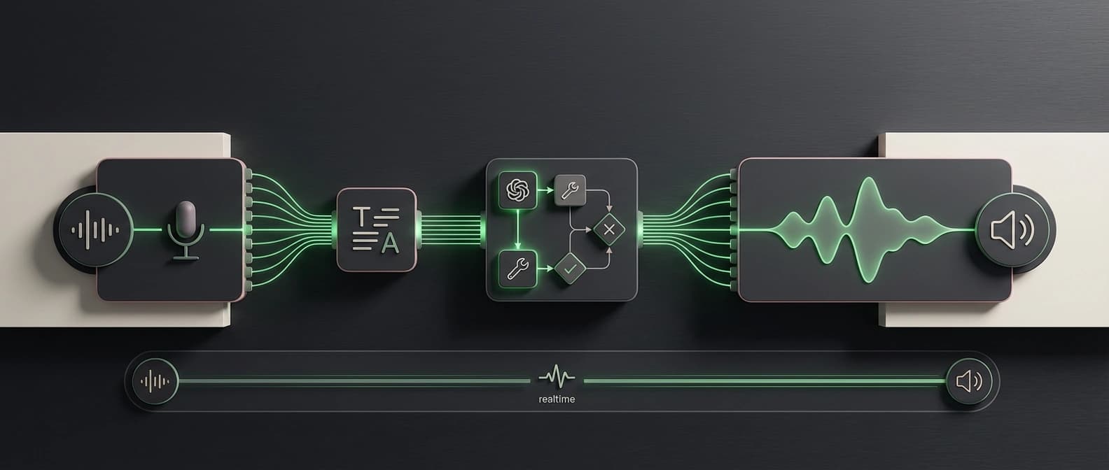 Editorial illustration of OpenAI's chained voice-agent stack linking transcription, orchestration, and speech output, with a separate realtime lane shown beneath it.