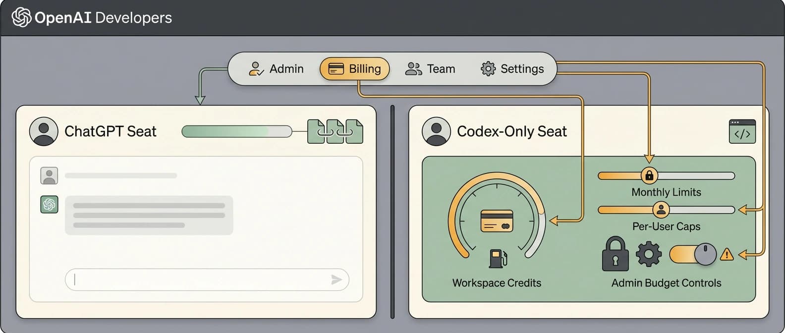 Editorial diagram showing a bundled ChatGPT seat splitting into a Codex-only seat with token meters, workspace credits, and admin budget controls.