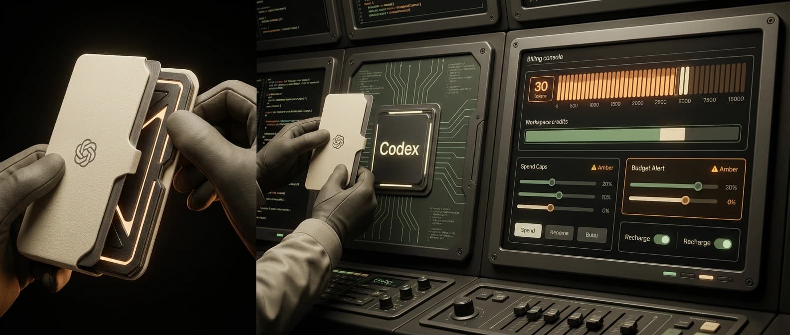 Editorial illustration of OpenAI Codex as a metered team product, with a clean coding-agent workspace, token counters, workspace credits, and budget guardrails replacing the feel of an unlimited bundled seat.